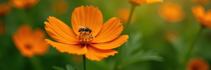Insects sipping nectar from an orange cosmos flower in the garden, wildlife, flowers, insect