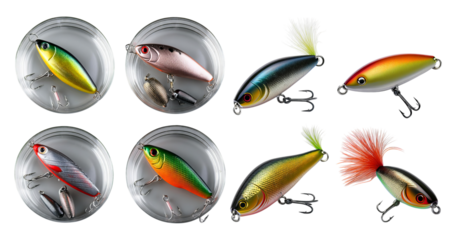 Colorful Fishing Lures Collection for Freshwater and Saltwater Angling, isolated on transparent background
