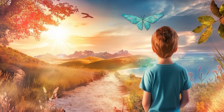 Red haired child contemplating a beautiful fantasy landscape with a bright sun, a flying butterfly, a path, mountains, a lake, and plants, representing remigration and repatriation