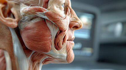 Intricate senior facial anatomy revealing muscles, bathed in cool light, evoking curiosity; Facial anatomy, Medical illustration, Complexity.