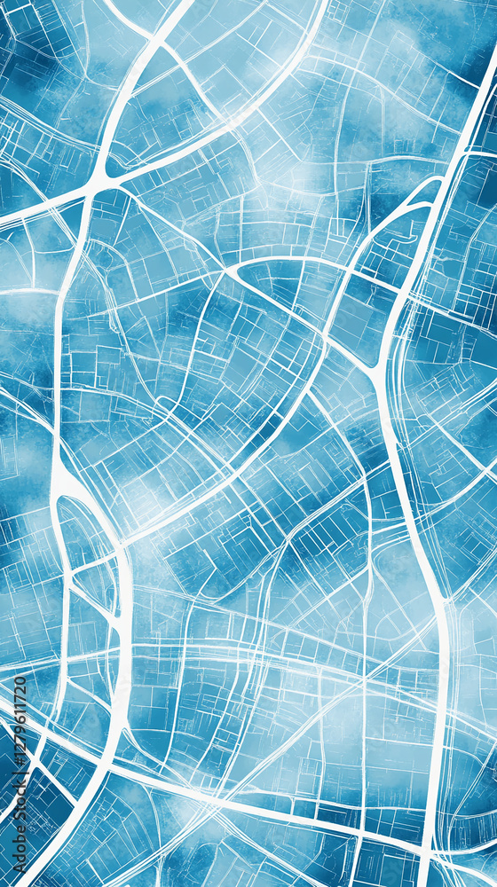 Poster abstract aerial view of a city street grid with intersecting lines and a blue tint, representing urb