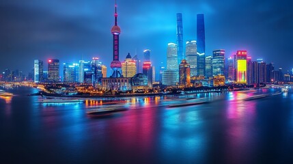 Fototapeta premium An advanced city skyline showcasing autonomous cars and light trails