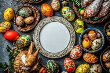 Fototapeta premium Top view photo featuring an empty circle with Easter bunny ears and multicolored eggs of yellow, blue, and pink, adorned with sprinkles, against an isolated pastel blue background with copyspace