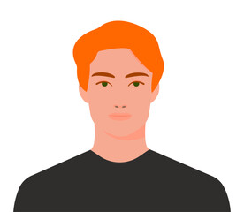 orange hair male portrait, man in black t-shirt, flat vector illustration