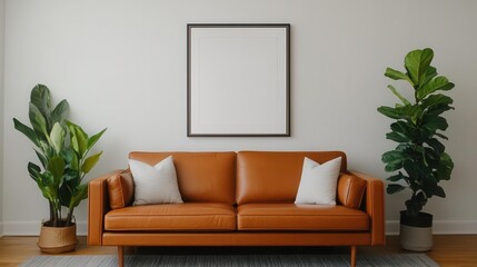 Stylish living room with brown leather sofa and indoor plants minimalist design modern home cozy atmosphere
