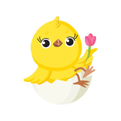 Cute cartoon chicken with tulip. Funny yellow chick in an eggshell.