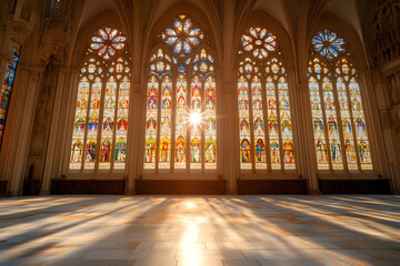 Obraz premium Sunlit Stained Glass: Ornate arched windows fill a grand hall with colored light. Geometric designs and artistry illuminate the space, creating a serene atmosphere.