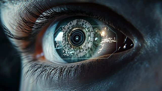 Futuristic human eye with digital interface, biometrics and technological implants