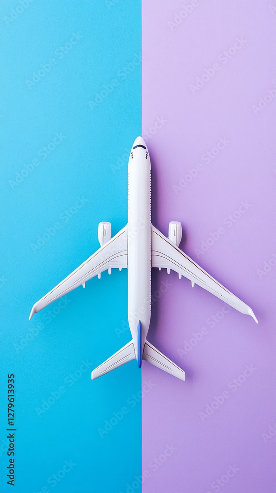 Poster airplane model on a split purple and blue background, representing travel, flight, and freedom with 