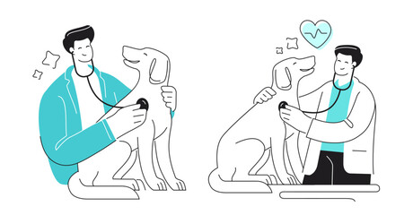 Veterinarian examines dog with stethoscope. Veterinary clinic for treatment of pets, animal care