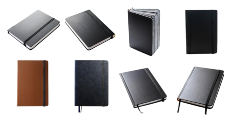Various Black and Brown Notebook Designs for Creative Professionals, isolated on transparent background