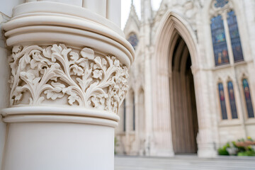 Architectural detail of an intricately carved stone column, showcasing exquisite craftsmanship and intricate floral patterns with a church entrance in the background.