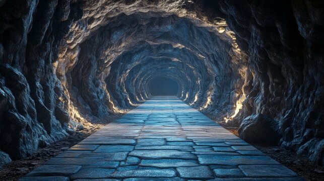 A dark tunnel with a blue stone floor