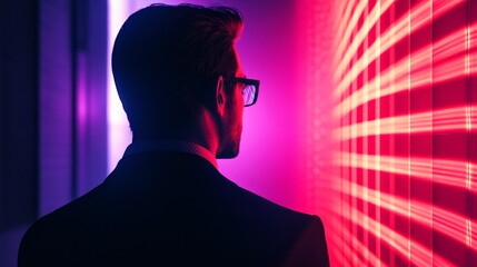 A man in a suit is looking at a wall with a red and purple background