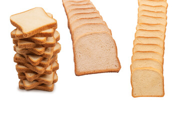 Delicious bread slices isolated on a white background, top view.