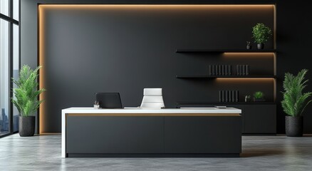 A contemporary home office with an L-shaped desk, positioned with the user facing the wall