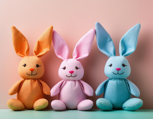 Obraz premium A display of colorful fabric Easter bunnies set against a pastel backdrop for a springtime scene.