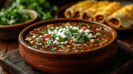 Brown mole sauce served in a rustic bowl with enchiladas and warm lighting