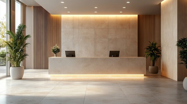 The hotel lobby boasts a contemporary design, with the front desk centered, large windows behind it, and a hanging light fixture above