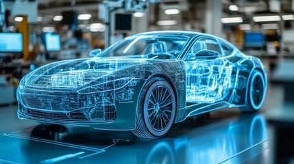 Naklejka premium The technical blueprint of the electric vehicle chassis includes labeled components and measurements, with the factory floor shown as grid lines