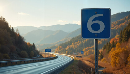 Road sign displaying number six against autumn mountain landscape