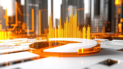 Abstract digital landscape featuring vibrant orange sound waves over a modern city backdrop