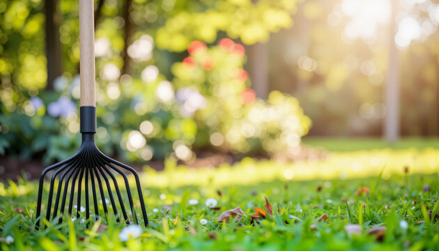 Garden rake resting on lush grass in sunlight, perfect for gardening blogs and DIY presentations
