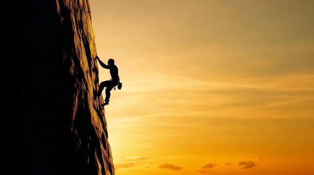 Silhouette climber scaling rock face at sunset