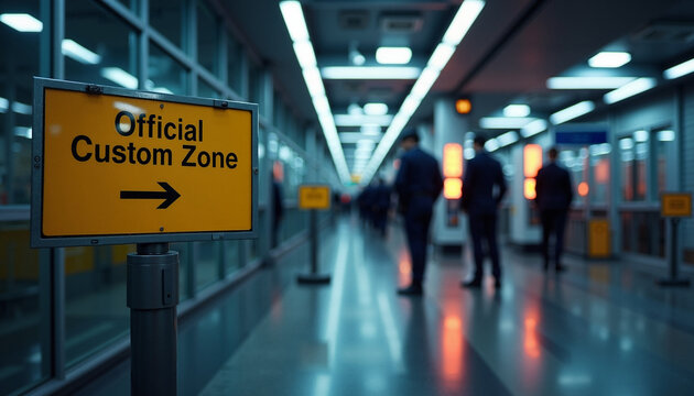 Official customs zone sign in busy airport terminal