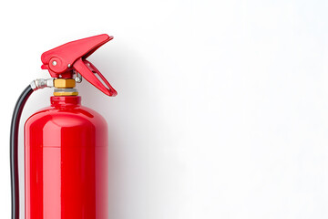 Obraz premium Red fire extinguisher positioned on the left side of a white background. The extinguisher features a black hose and is ready for use in case of fire emergencies.