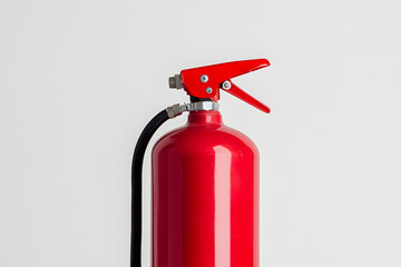 Vivid red fire extinguisher, ready for immediate use. Safety equipment prepared for emergencies with trigger and nozzle.