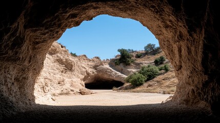 Obraz premium Cave opening to sunny landscape; travel, adventure