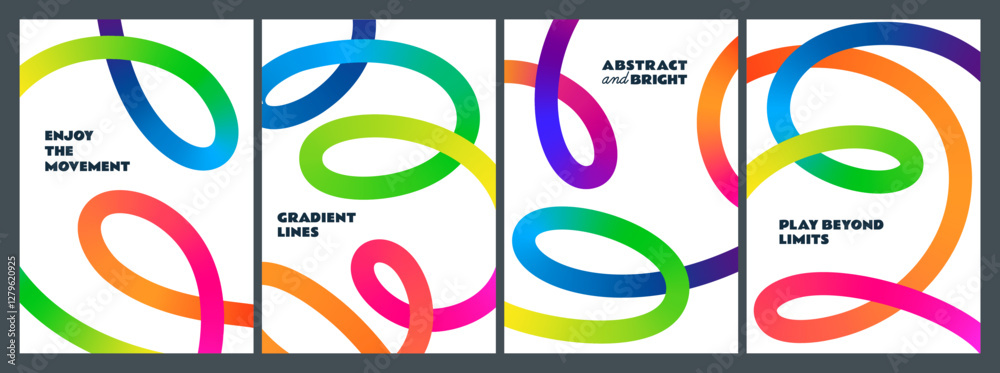 Aufkleber Abstract Backgrounds with Color Lines. Vector Posters with 3D Gradient Shapes. Squiggles and Curve Graphic Elements. Wavy and Spiraling Rainbow Gradation Ribbons
