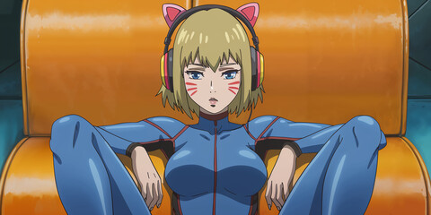 Obraz premium An anime-style illustration of a young woman in a blue catsuit, headphones with cat ears, and red whiskers drawn on her face, lounging on an orange chair with a relaxed expression.