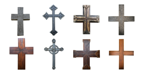 Collection of Vintage Wooden and Metal Crosses in Various Designs, isolated on transparent background