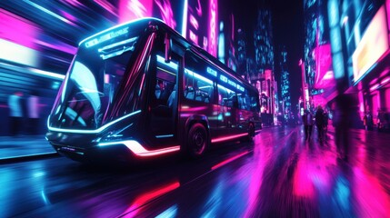 Futuristic Cityscape with Neon Lights and Modern Electric Bus