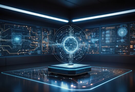 Futuristic digital interface with glowing holographic core.