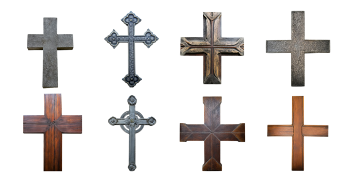 Collection of Vintage Wooden and Metal Crosses in Various Designs, isolated on transparent background