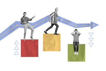 Creative sketch art collage of astonished happy old young businessmen hierarchy arrow development...
