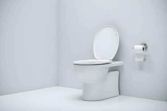 Empty modern toilet in light grey bathroom. Clean white ceramic toilet bowl. Open toilet seat. Minimalist design. Contemporary restroom interior