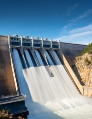 A massive hydroelectric dam with water flowing through its turbines, generating renewable energy.