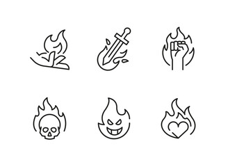 Fire icons. Set of 6 fire trendy minimal icons. Example: Flame, Lighter, Burning House, Fire Skull, Burning Heart icons. Design signs for web page, mobile app, packaging design. Vector illustration.