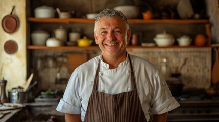 Fototapeta premium Smiling chef in vintage kitchen, showcasing culinary expertise, ideal for food blog or restaurant advertising