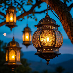 Obraz premium Ornate Moroccan lanterns, glowing warm light, hanging from tree branches, blue twilight background