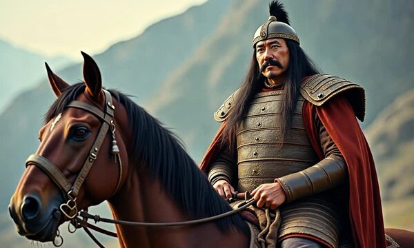 Portrait of Genghis Khan in Traditional Mongolian Attire