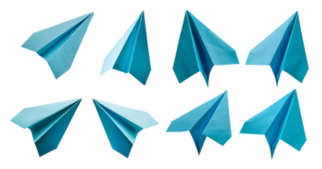 Collection of Blue Paper Airplanes in Various Positions and Angles, isolated on transparent background