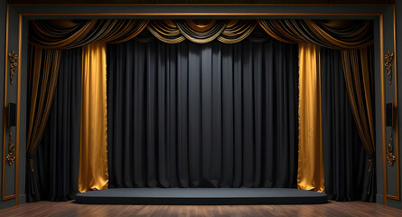 Fototapeta premium luxury Empty 3d room background illustration - Theater stage with black gold velvet curtains