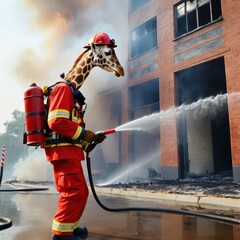 Brave giraffe firefighter battling flames in a smoky urban environment during a dramatic rescue operation