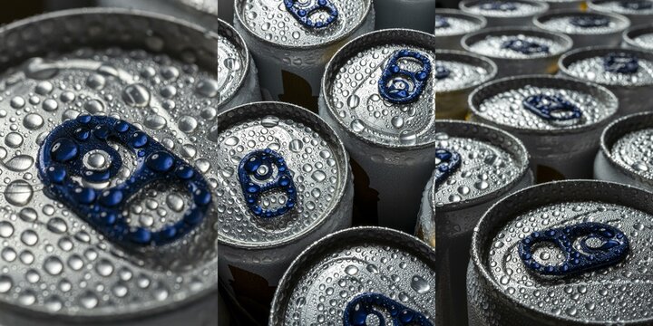 An artistic set of beer cans with condensation, featuring detailed close-ups and macro perspectives. A fresh, cool vibe perfect for drink branding, packaging, and commercial advertising.