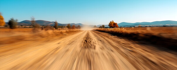 Natural abstract background with blurred autumn landscape of empty field with blue sky photographed with moving camera, blurred forest and steppe, copy space.